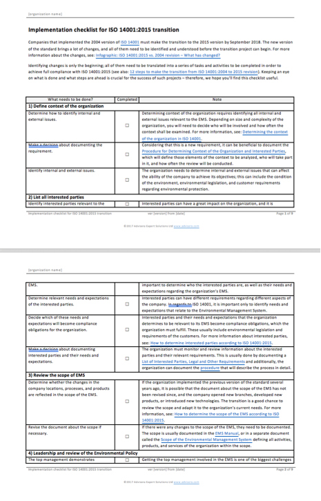 ISO 14001:2015 Transition Checklist
