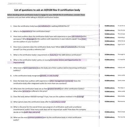 List of Questions to Ask an AS9100 Rev D Certification Body