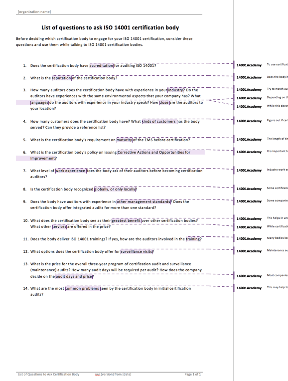 List of Questions to Ask an ISO 14001 Certification Body