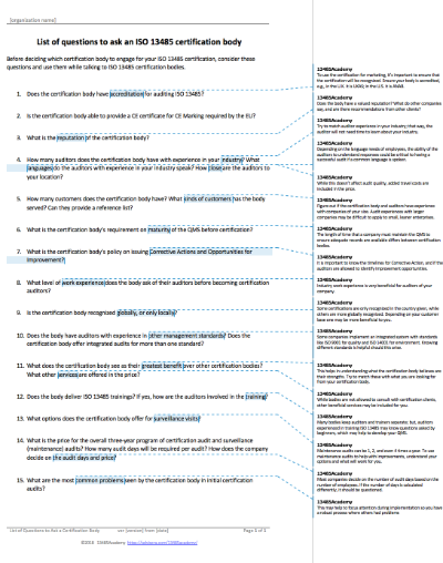 List of Questions to Ask an ISO 13485 Certification Body