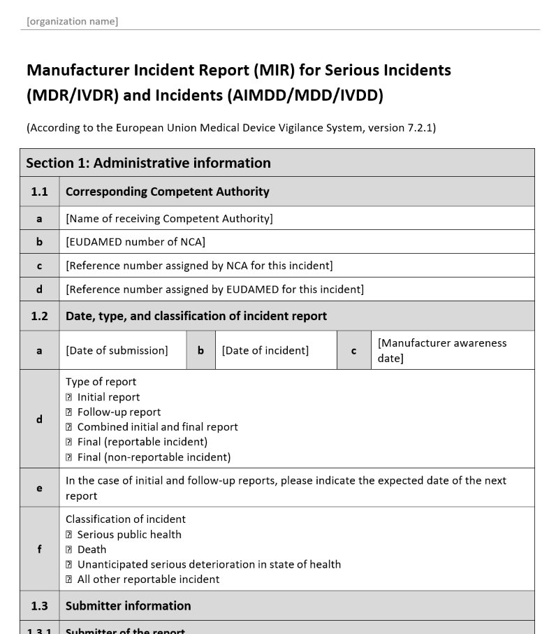 Manufacturer Incident Report